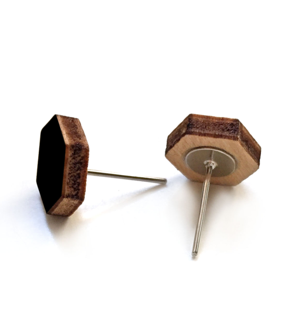 Wooden ear studs Hexagon Black - Image 2