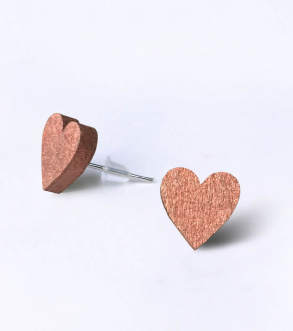 Wooden ear studs Heart Copper