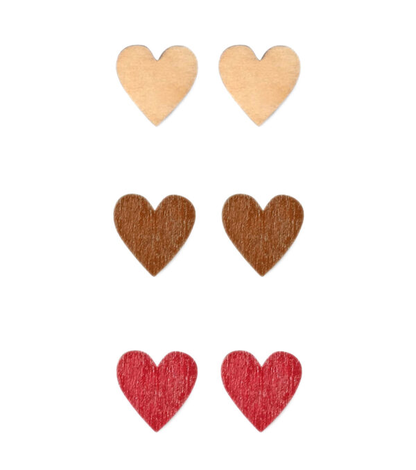 3 Pack wooden ear studs Heart nature-brown-red