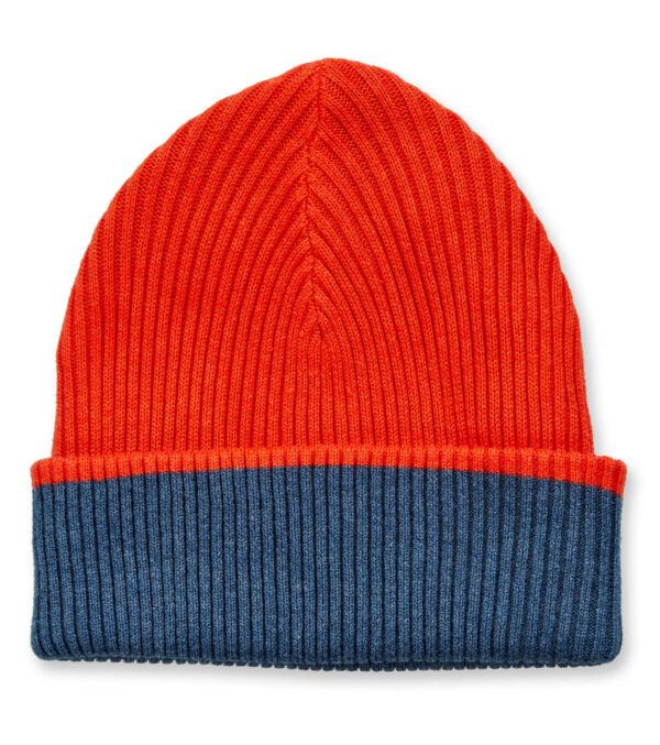 Children's knitted hat orange red and blue
