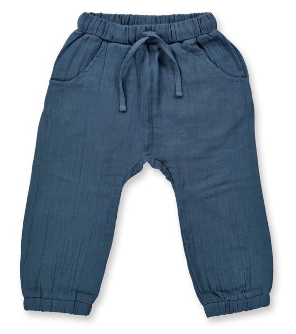 Soft children‘s summer trousers made of muslin blue-grey