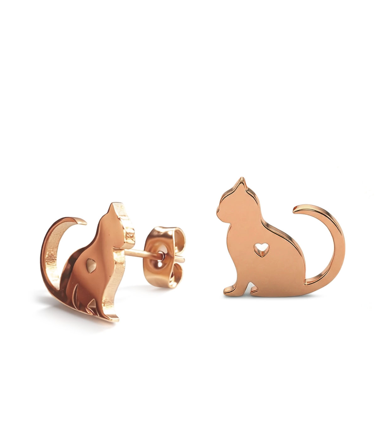 Fine ear studs Cats with heart 11 mm rose gold